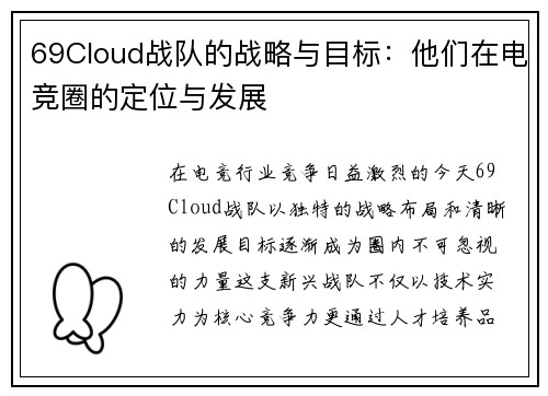 69Cloud战队的战略与目标：他们在电竞圈的定位与发展