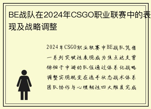 BE战队在2024年CSGO职业联赛中的表现及战略调整