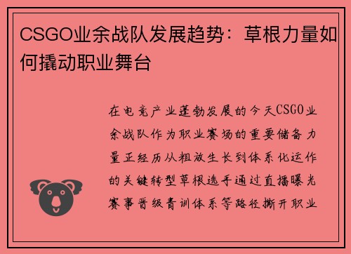 CSGO业余战队发展趋势：草根力量如何撬动职业舞台